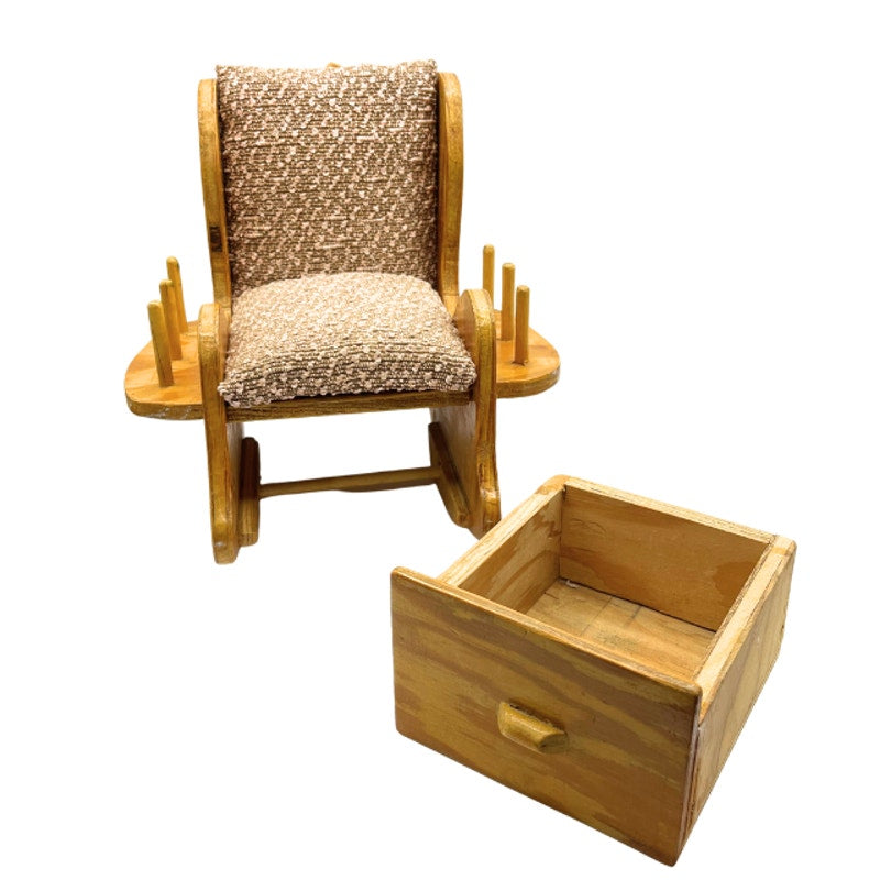 Vintage Miniature Wooden Sewing Rocking Chair Pincushion with Thread Holders