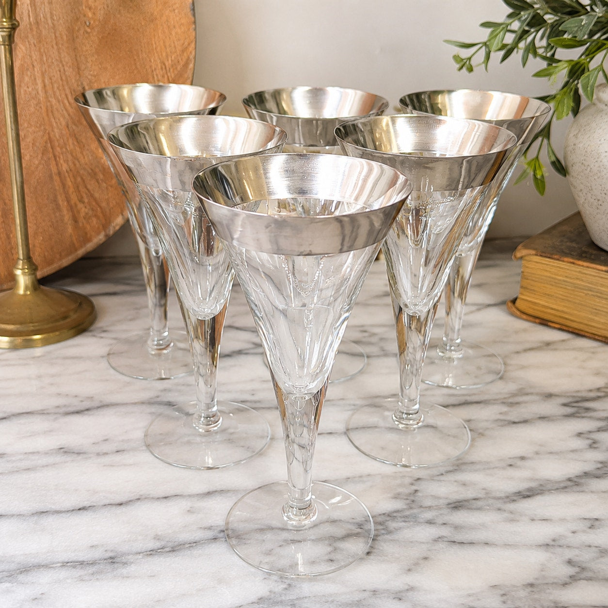 Mid Century Modern Dorothy Thorpe Silver Band Tall Trumpet Cocktail Glasses