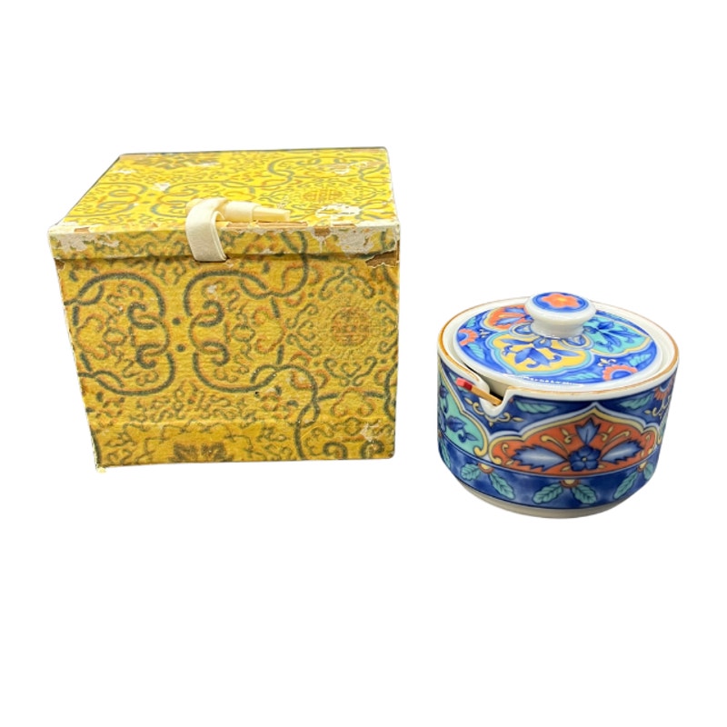 Vintage Chinese Porcelain Floral Mustard Pot Lid Wooden Spoon and Box