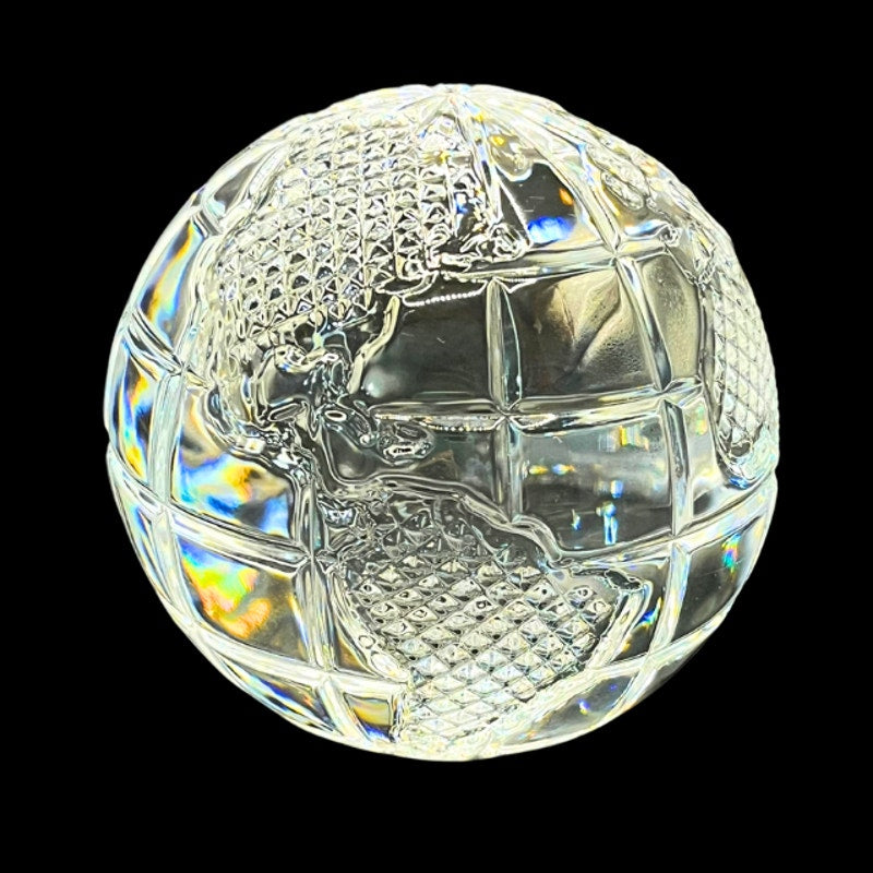 Waterford Crystal World Globe Paperweight Diamond Cut Art Glass Wood Base