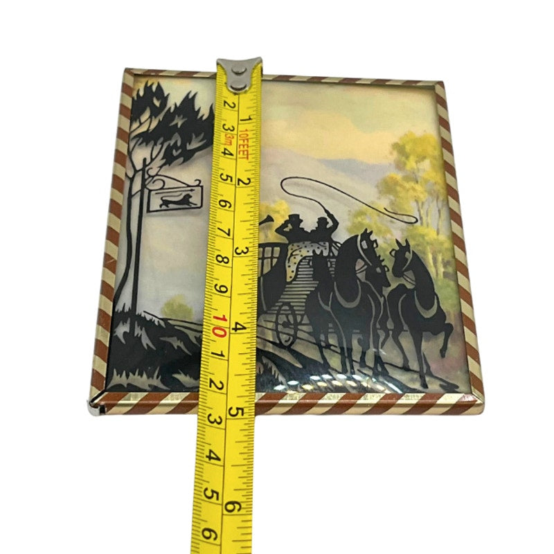 Vintage Reverse Painted Silhouette Horse-Drawn Carriage Scene