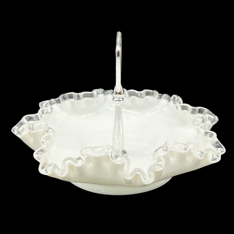 Fenton Silver Crest Milk Glass 8 Inch Handled Bonbon Dish Ruffled Edge