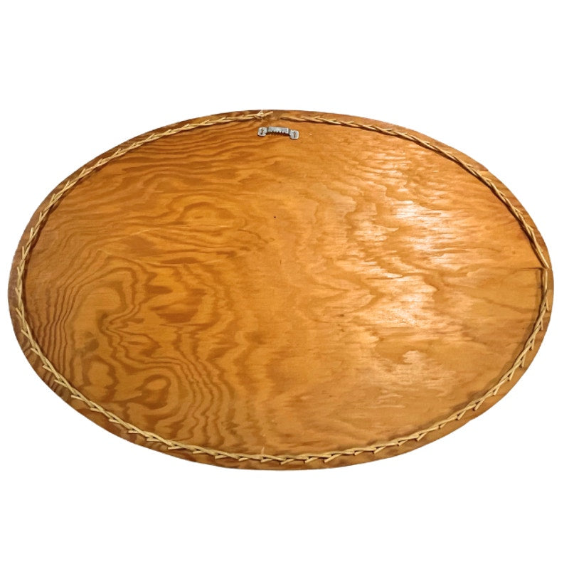 Vintage Oval Wooden Serving Tray Wicker Border Folk Art Rooster Farmhouse