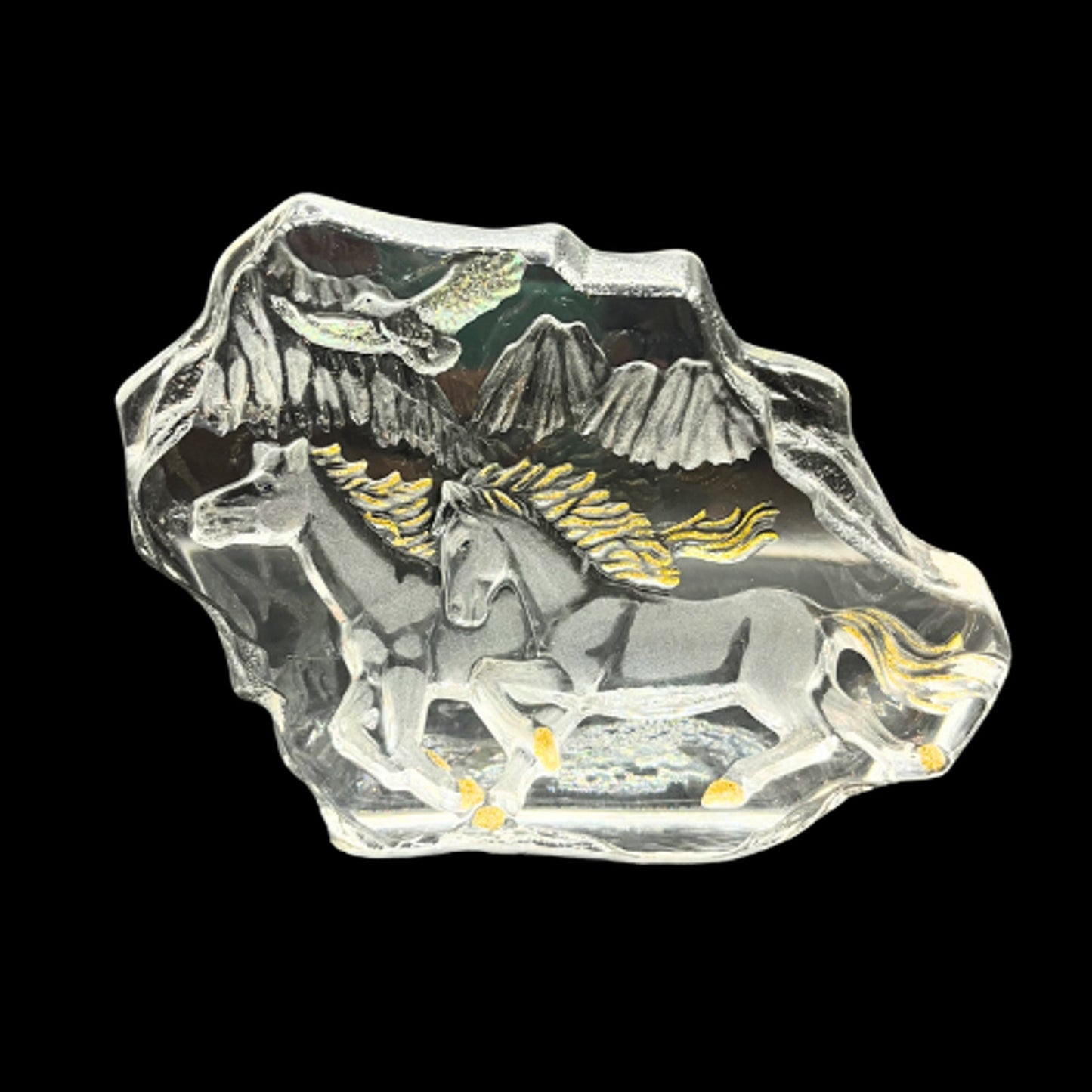 Vintage Crystal Running Horses Paperweight Mountain Landscape Gold Accent
