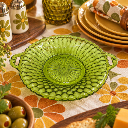 Vintage Indiana Glass Avocado Green Honeycomb Round Relish Dish Mid Century