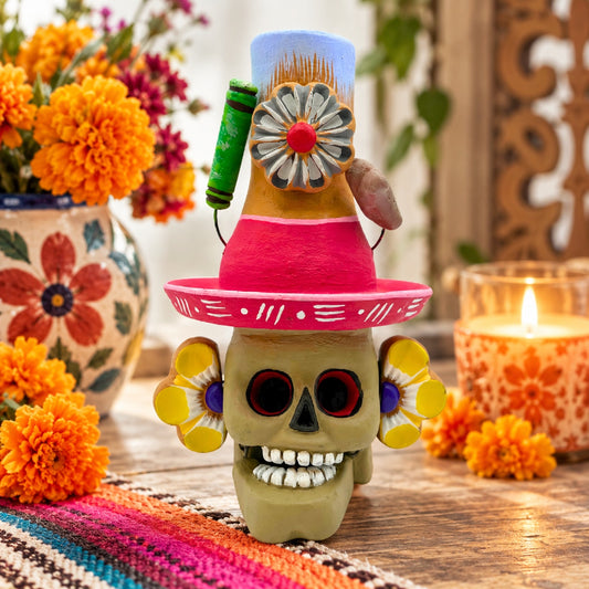 Day of the Dead Mexican Candle Holder 7" Folk Art Skull Mexican Pottery