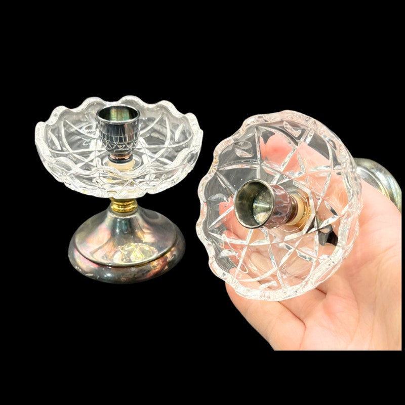 Vintage Landes Italy Silver Plated & Cut Crystal Taper Candle Holders Set of 2