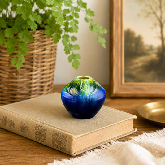 Miniature Japanese Ceramic Art Bud Vase Blue Green Drip Glaze