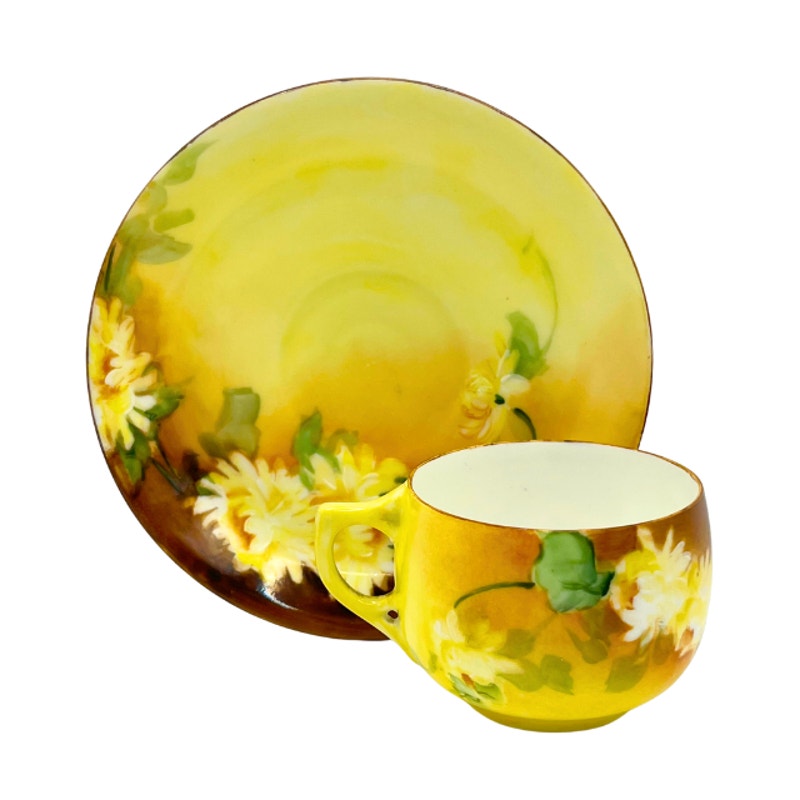 Antique Limoges Porcelain Teacup and Saucer Hand Painted Signed Edith V. Snall