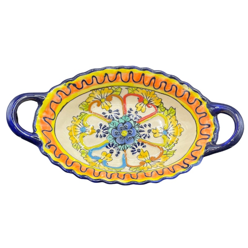 Vintage Mexican Pottery Oval Serving Dish Double Handle Hand Painted Floral
