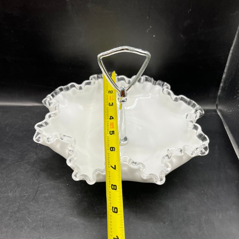 Fenton Silver Crest Milk Glass 8 Inch Handled Bonbon Dish Ruffled Edge