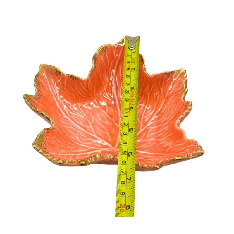 VTG California Pottery Maple Leaf Dish Coral Orange With Gold Trim USA 727