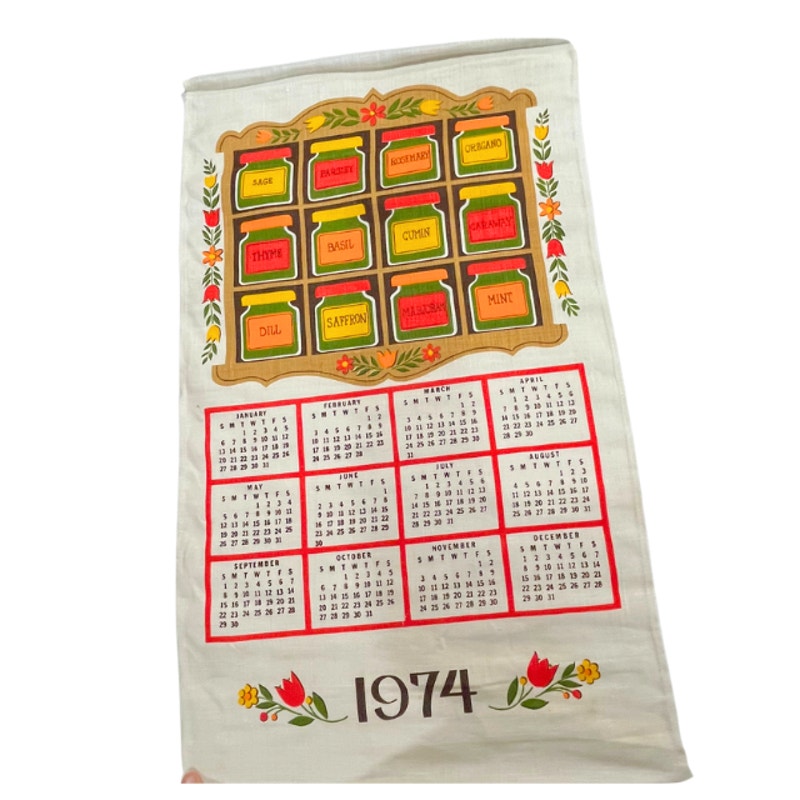 Vintage 1974 Spice Rack Calendar Tea Towel Herb Kitchen Wall Hanging Linen