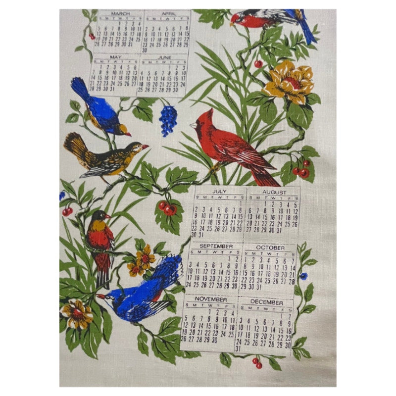 Vintage 1972 Songbirds Calendar Tea Towel Floral Bird Kitchen Wall Hanging Linen