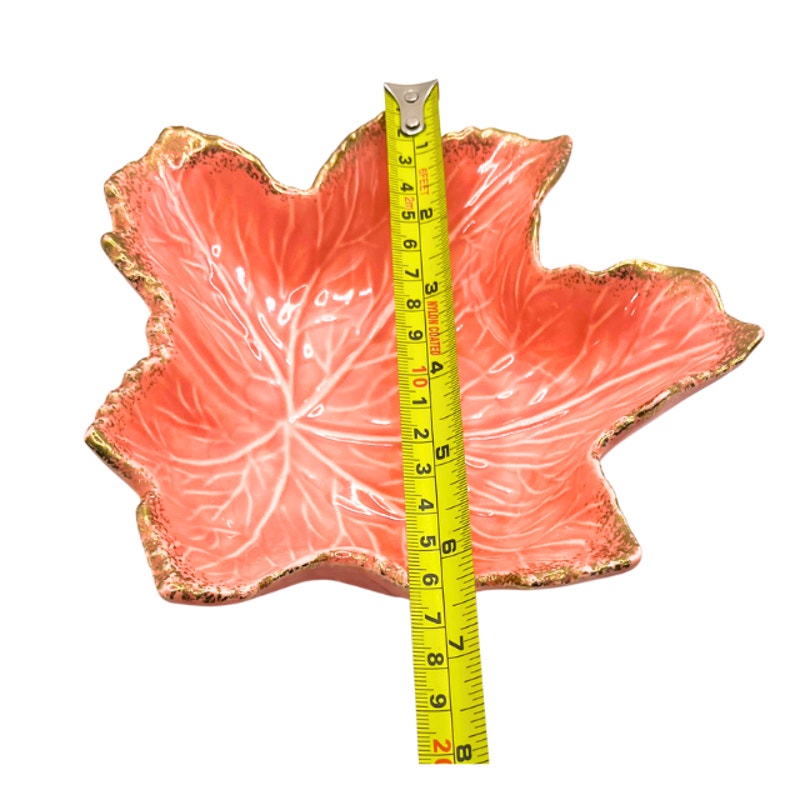 VTG California Pottery Maple Leaf Dish Coral Orange With Gold Trim USA 727
