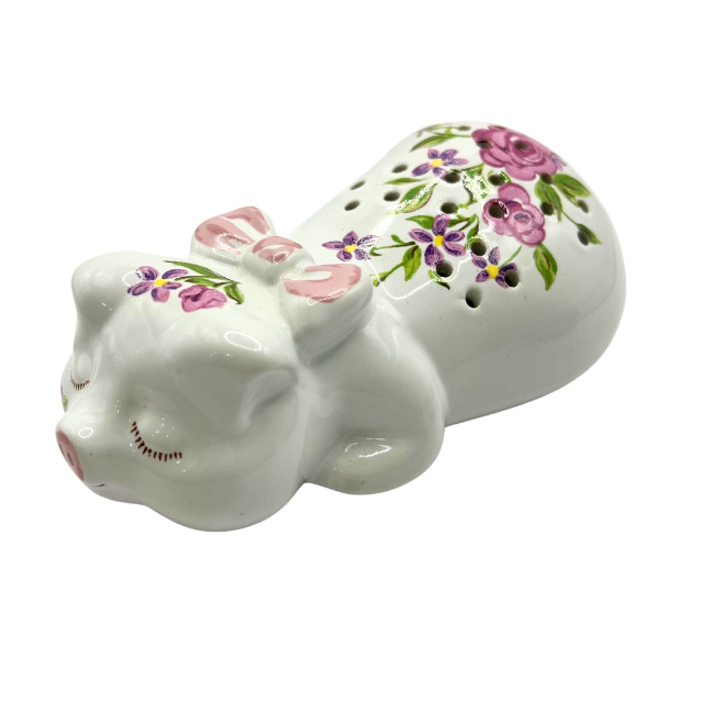 Avon Vintage 1978 Porcelain Sleeping Pig Potpourri Sachet Floral Figurine