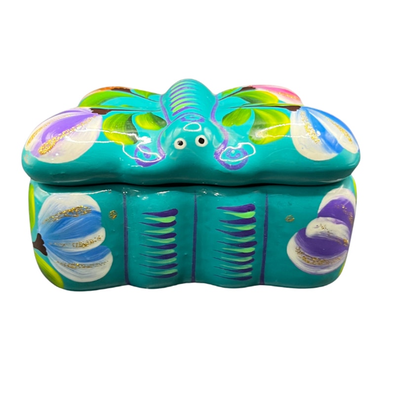 Vintage Mexican Folk Art Butterfly Pottery Trinket Box Turquoise Floral
