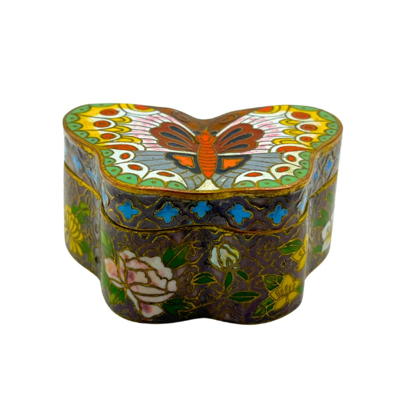 Vintage Chinese Cloisonne Enamel Butterfly Trinket Pill Box