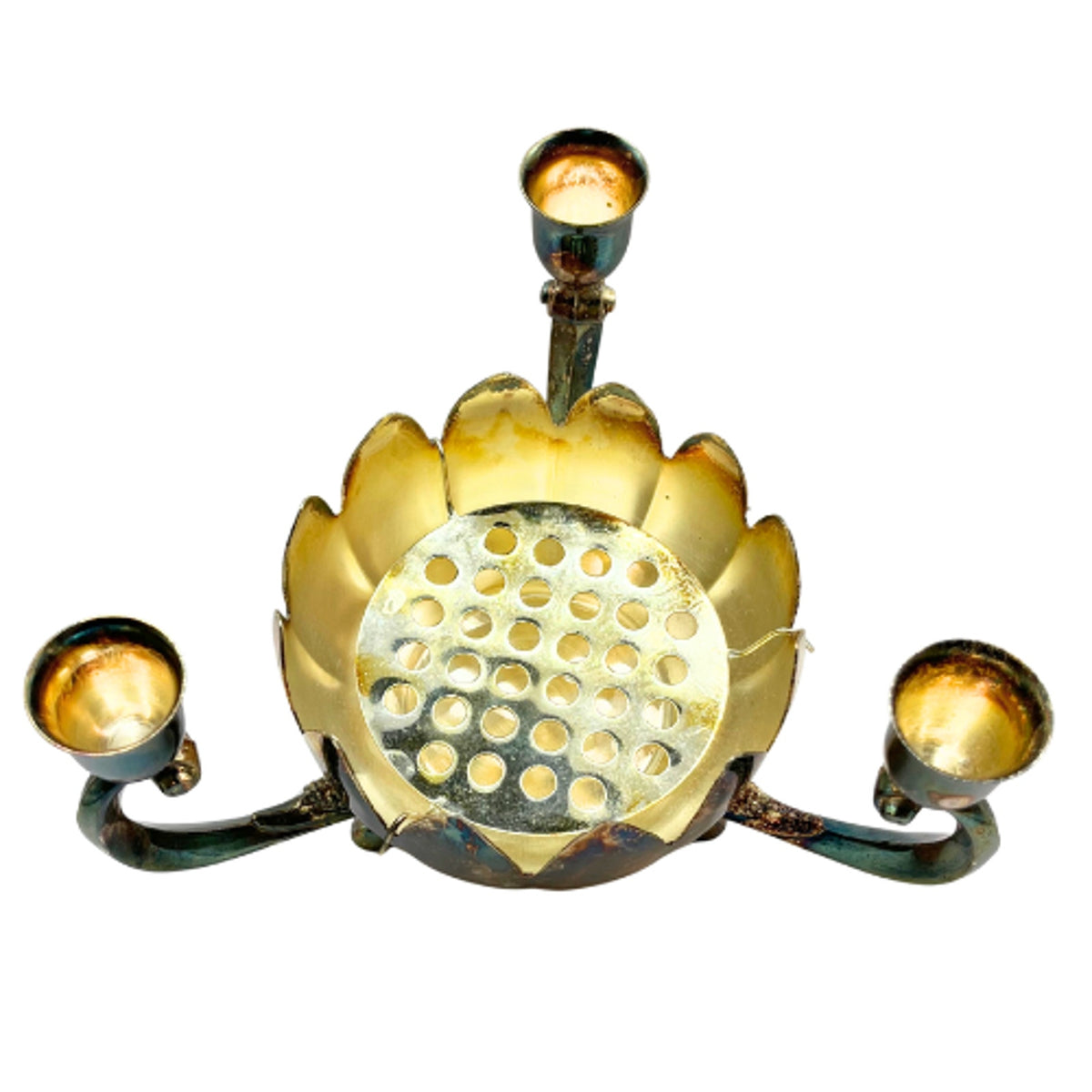 Vintage Hong Kong Silver Plate Lotus Flower Frog Candelabra Centerpiece Patina