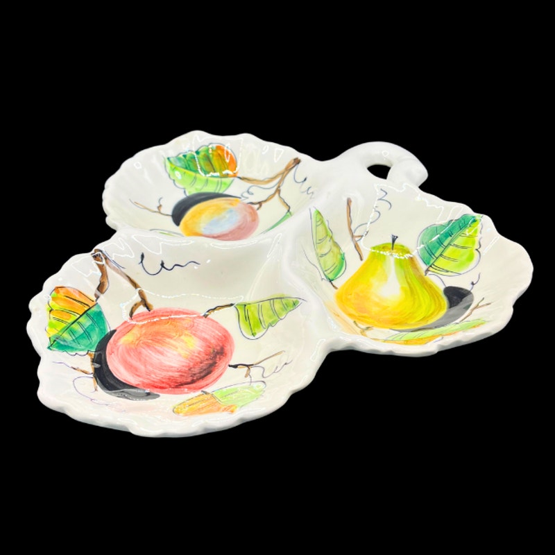 Vintage Italian Ceramic Divided Serving Dish Fruit Motif Hand Painted