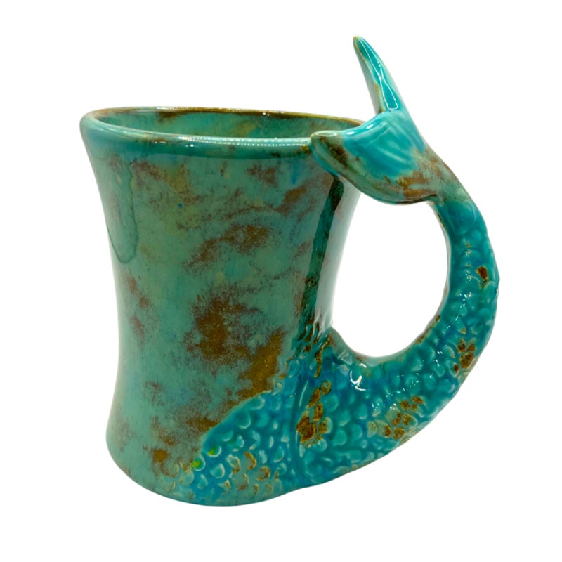 Vintage Studio Pottery Mug Mermaid Tail Handle Turquoise Teal Green Coffee Cup