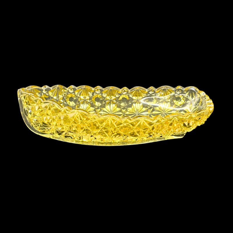 Vintage Amber Yellow Pressed Glass Canoe Dish Daisy & Button Pattern