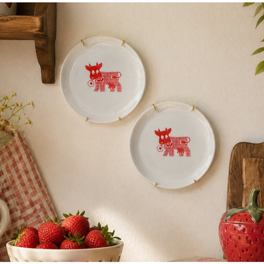 Vintage Bing & Grondahl Copenhagen Danish Porcelain Mini Cheese Plates Wall Decor with Red Checkered Cow