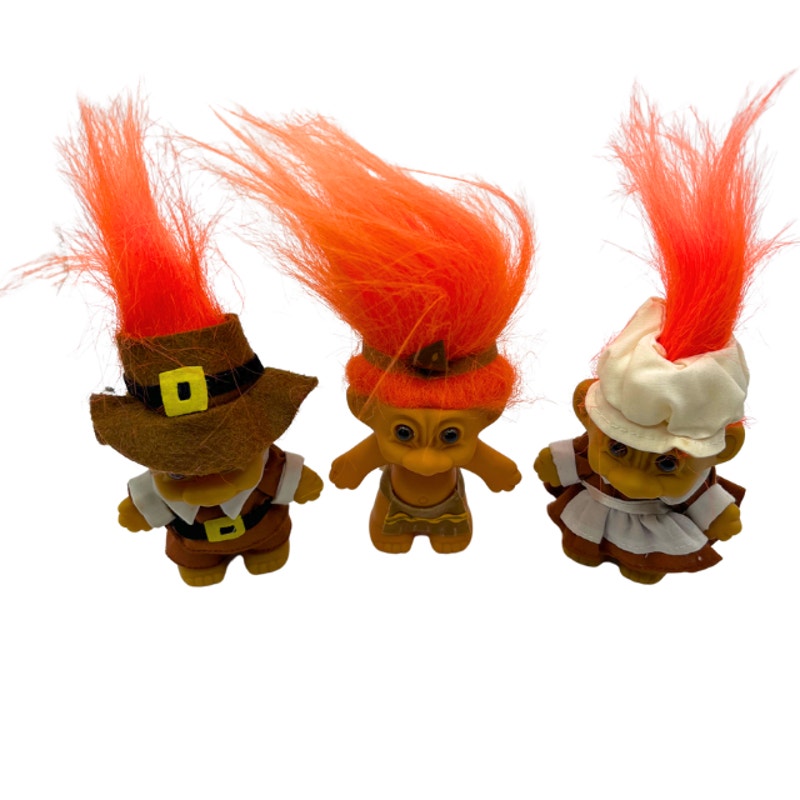 Vintage Russ Thanksgiving Troll Dolls Set 3 Fall Pilgrim Figures