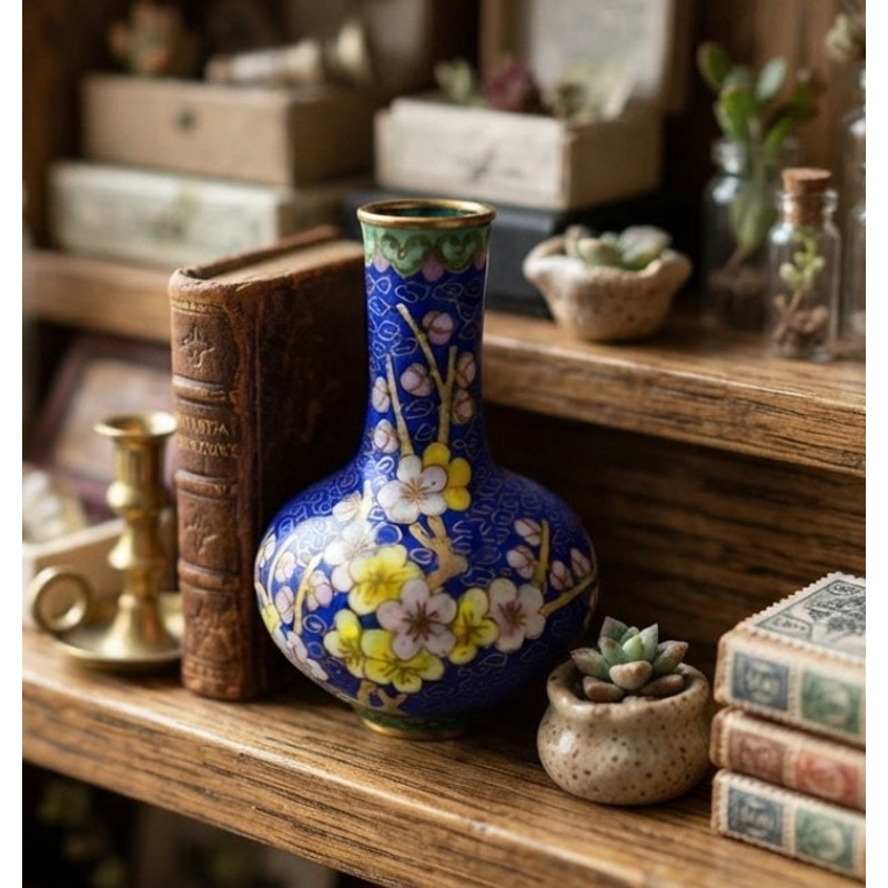 Vintage Cloisonne Miniature Vase Cobalt Blue Floral Bud Vase