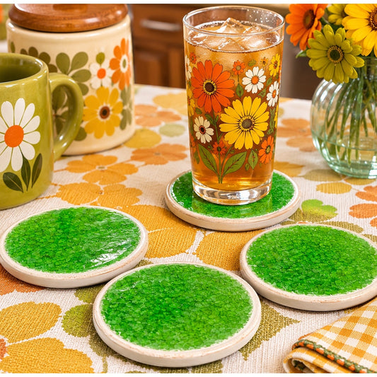 Green Crackle Glass Coasters Glazed Inlay Terracotta Set of Four 4"