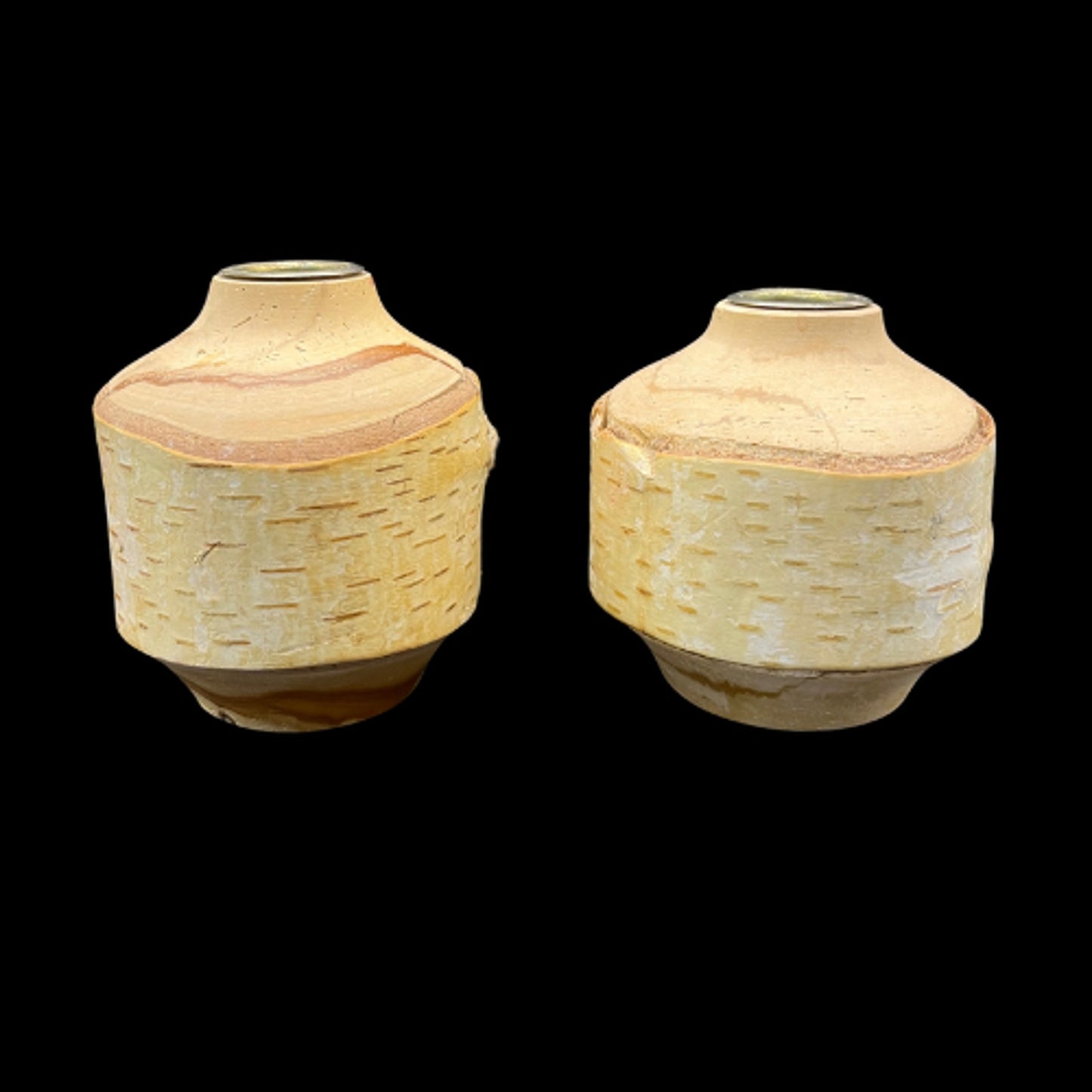 Set of Two Birch  Wood Taper Candle Holders With Metal Lining