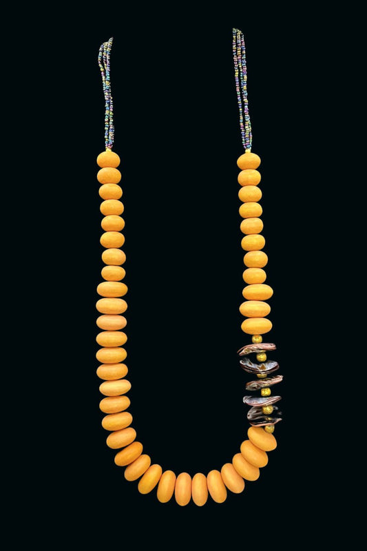 * BOHO Purple Shell and Blonde Wood Beaded Necklace