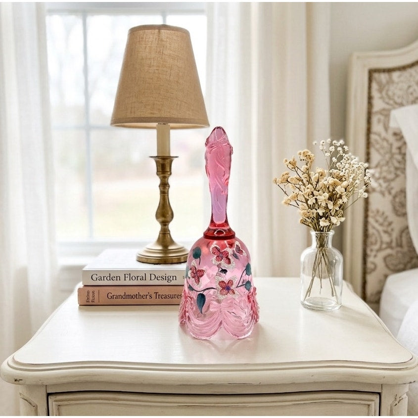 Vintage Fenton Rose Pink Art Glass Bell Hand Painted Signed S. Miller