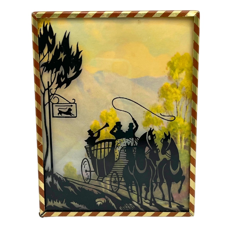 Vintage Reverse Painted Silhouette Horse-Drawn Carriage Scene