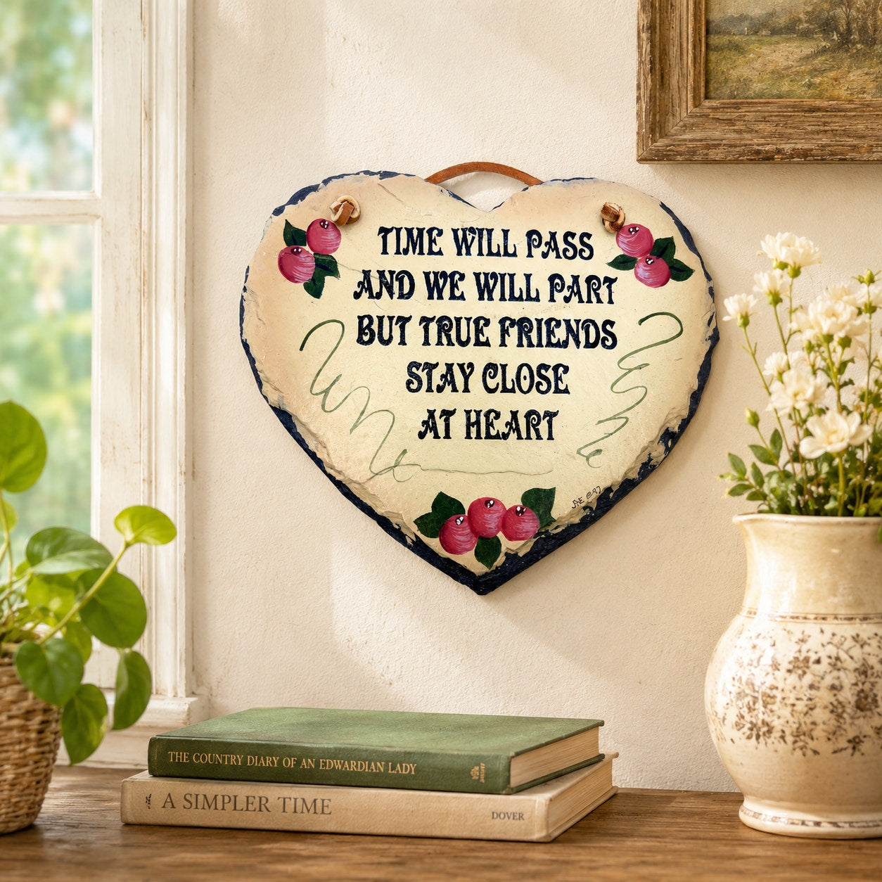 Vintage Plain Jane Painted Heart Stone Plaque Friendship Quote Sign