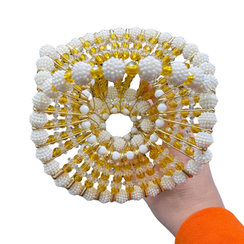 Vintage Handmade Beaded Safety Pin Basket Gold White Folk Art MCM