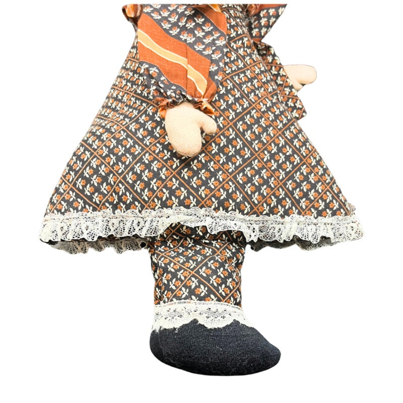 Vintage Handmade Fabric Folk Art Doll Hooded Dress Patterned Lace Trim 18 Inch