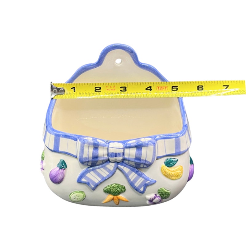 Vintage Fitz and Floyd Ceramic Gingham Bow Vegetable Wall Pocket Planter