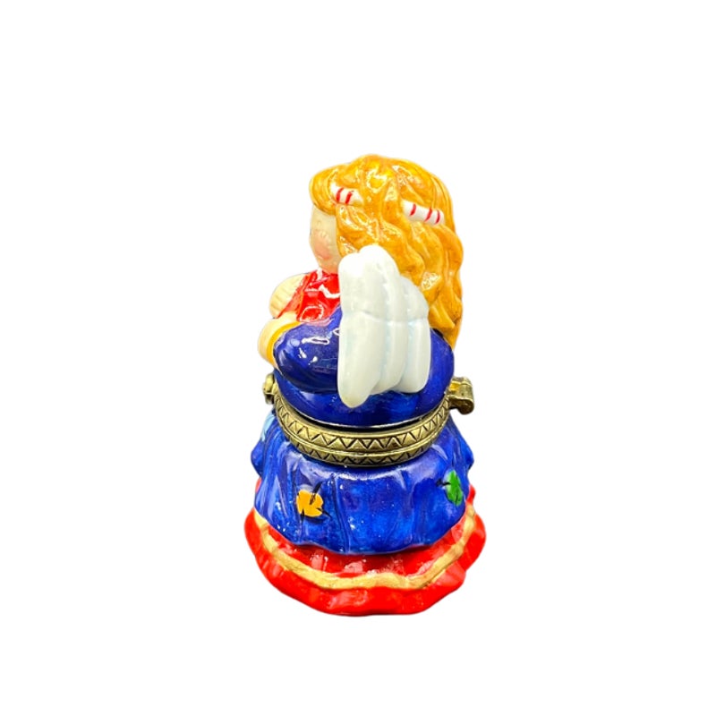 Vintage Ceramic Angel Hinged Trinket Box Blue Dress Red Heart 3 Inch