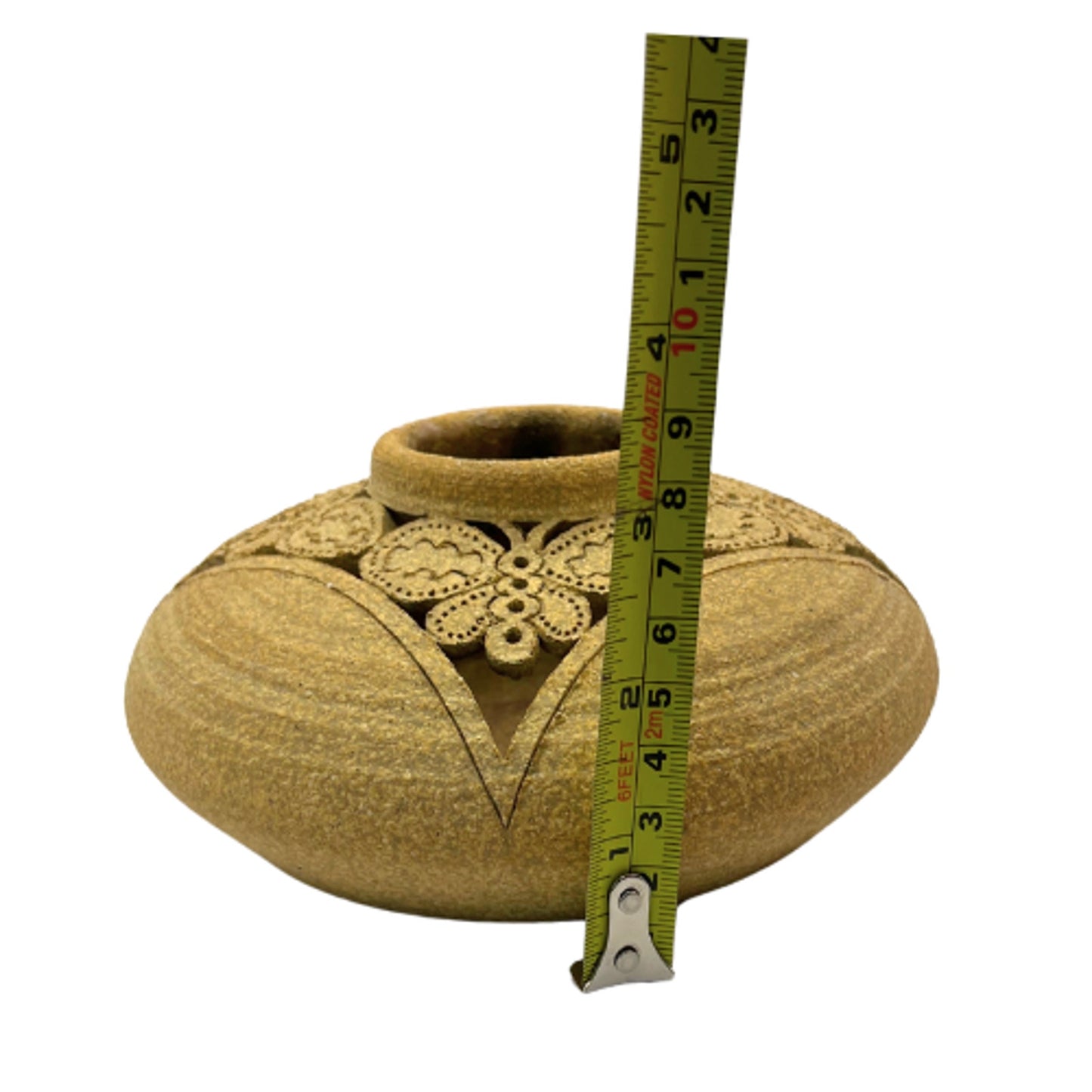 Handmade Tan Sandstone Pottery Butterfly Lace Cutout Candle Holder - Signed Art