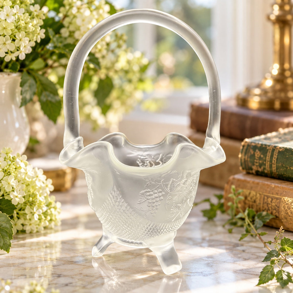 Vintage Fenton Frosted Satin Glass Grape Vine Footed Basket Handle