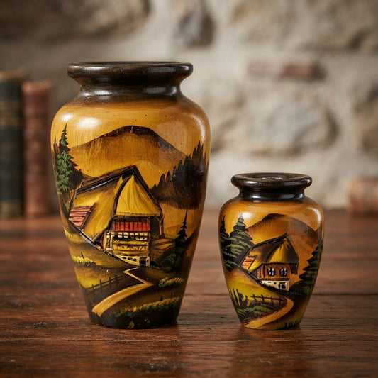 Vintage Black Forest Wood Vases Hand Carved German Folk Art Set of 2