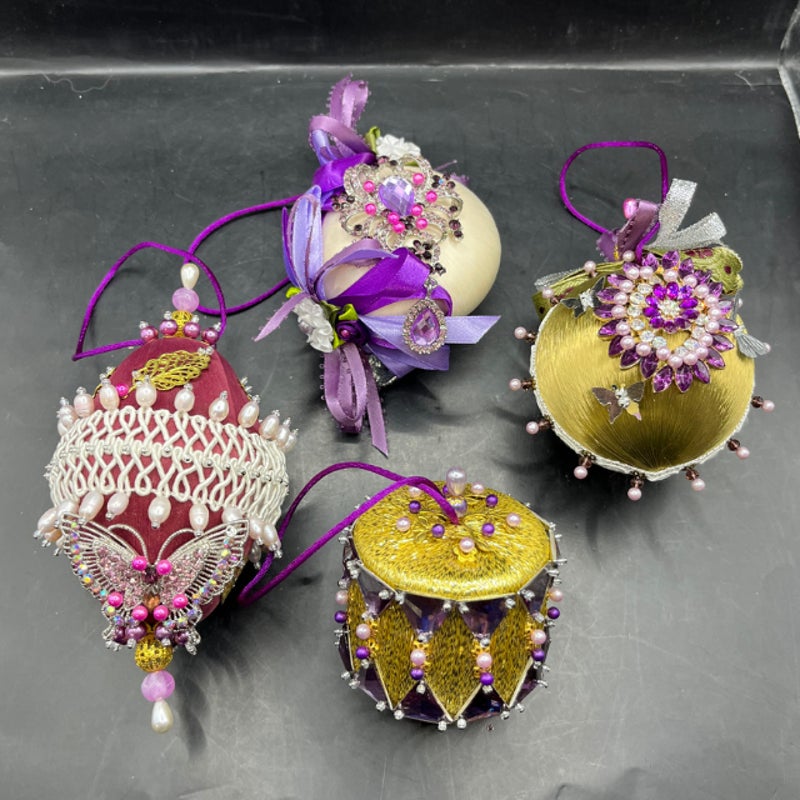 Vintage 1990s Handmade Jeweled Christmas Ornaments Set of 4 Satin Rhinestone