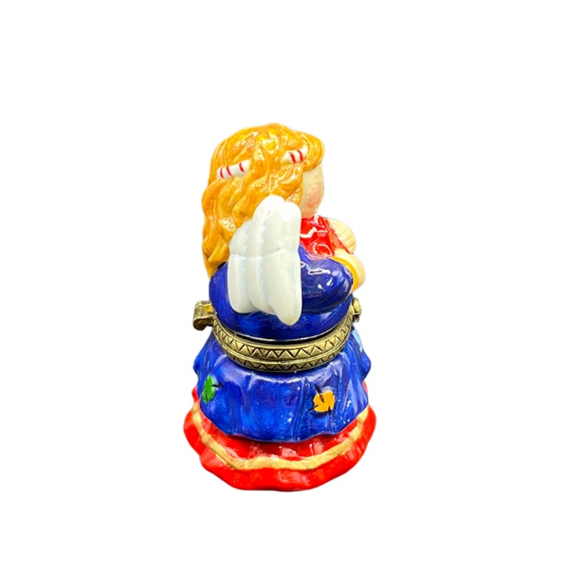 Vintage Ceramic Angel Hinged Trinket Box Blue Dress Red Heart 3 Inch