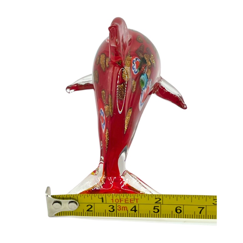 Murano Style Red Aventurine Dolphin Sculpture Blown Art Glass with Millefiori