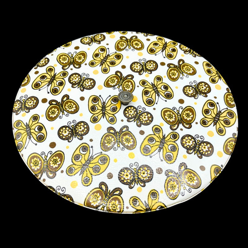 Vintage Yellow Woven Sewing Basket Retro Butterfly Padded Lid Handle 10"