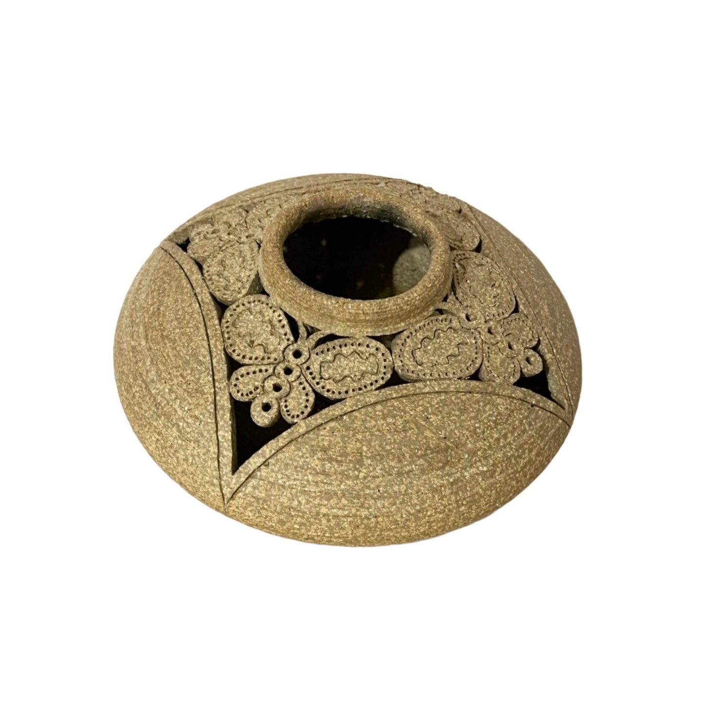 Handmade Tan Sandstone Pottery Butterfly Lace Cutout Candle Holder - Signed Art