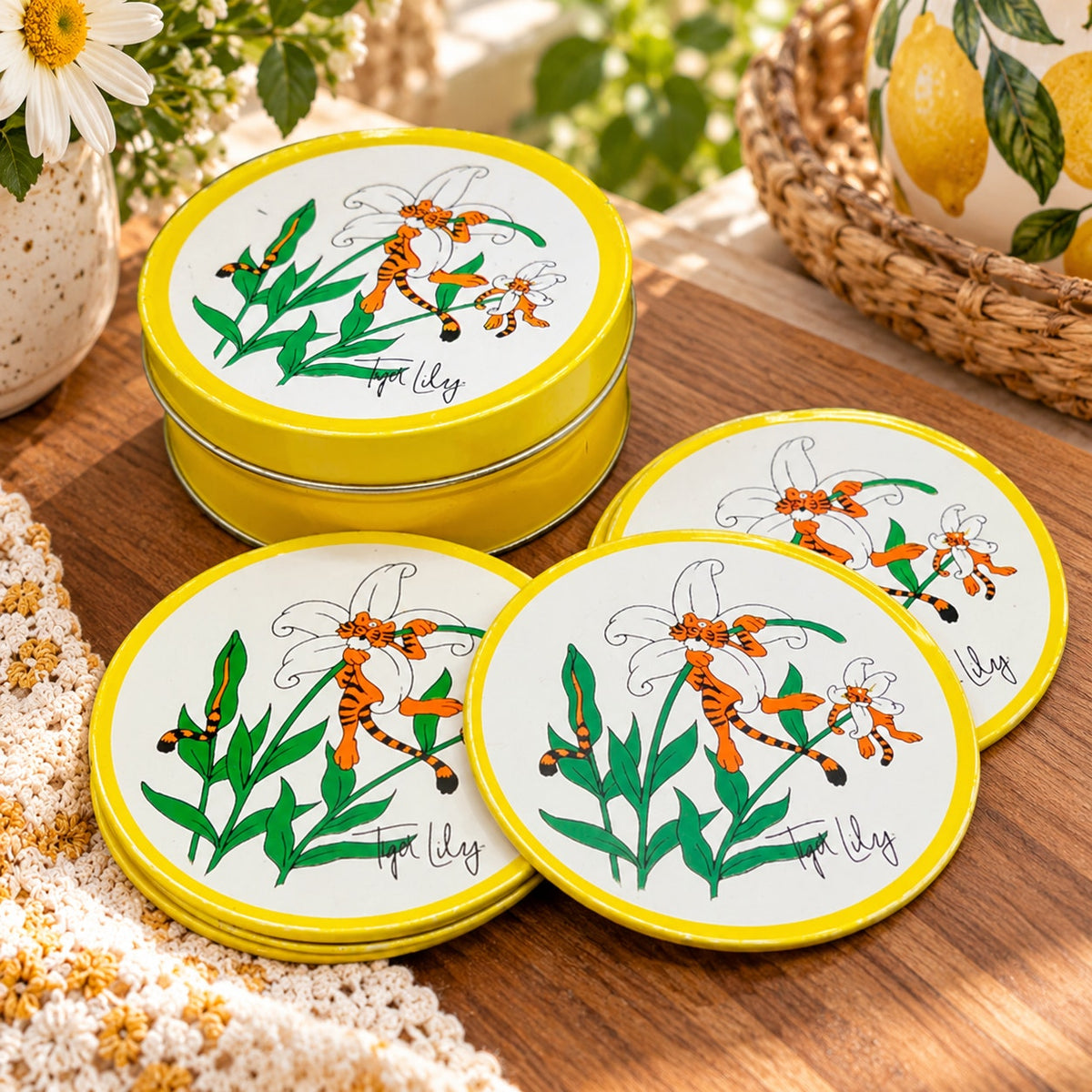 Vintage 1989 Petal Pets Tiger Lily Tin Coasters Set with Storage Tin 3.5 Inch