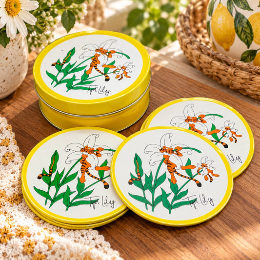 Vintage 1989 Petal Pets Tiger Lily Tin Coasters Set with Storage Tin 3.5 Inch