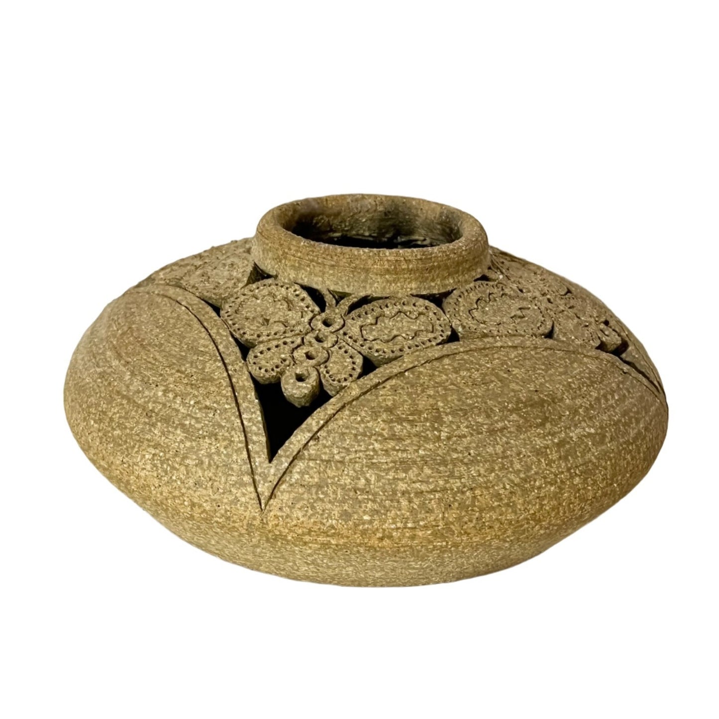 Handmade Tan Sandstone Pottery Butterfly Lace Cutout Candle Holder - Signed Art